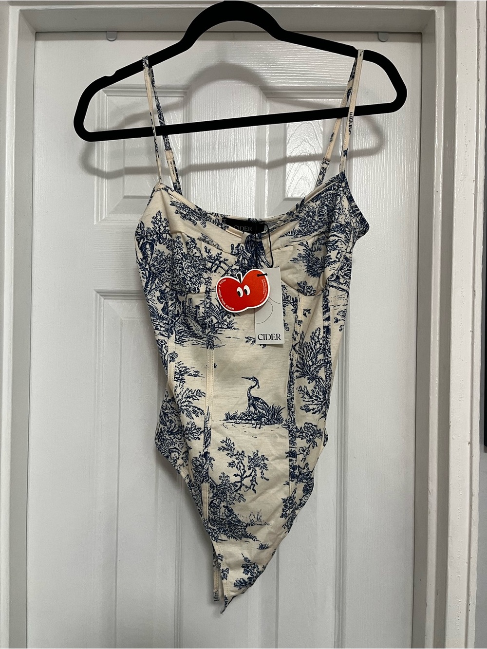 Cider Cream and Navy Toile Spaghetti Strap Bodysuit